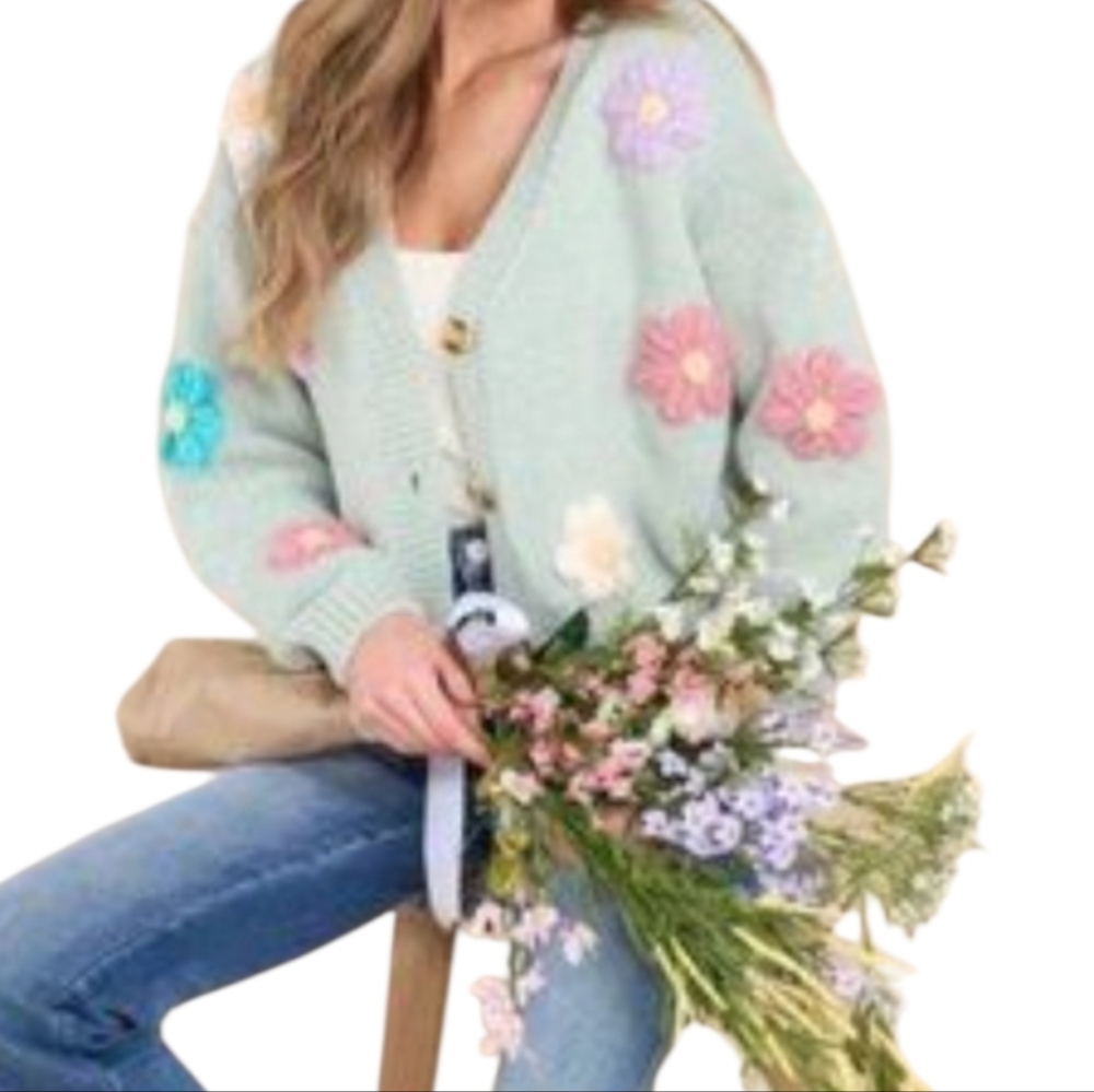 Luna Ivy Mint Green Nwot Retro Chunk Longsleeve 3d Pastel Flowers Cardigan